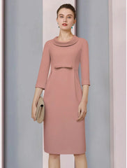 Aimishang  A-Line Mother of the Bride Dress Wedding Guest Elegant Petite Jewel Neck Knee Length Satin 3/4 Length Sleeve with Bow(s) Ruching Solid Color