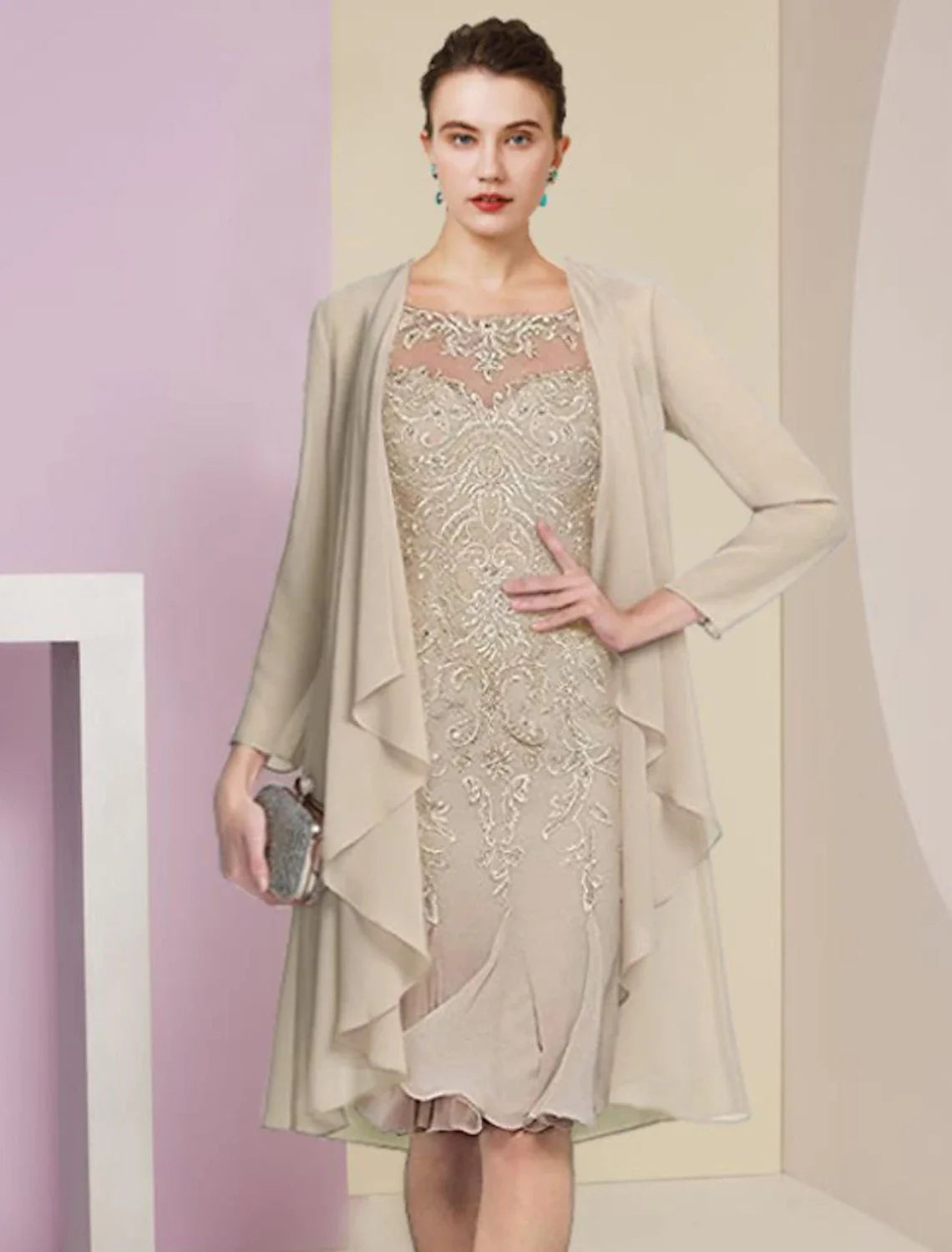 Aimishang  Two Piece Mermaid / Trumpet Mother of the Bride Dress Formal Wedding Guest Vintage Elegant Scoop Neck Knee Length Chiffon Lace Half Sleeve Jacket Dresses with Pleats Appliques