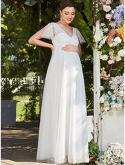 A-Line Evening Gown Maternity Dress Wedding Guest Formal Evening Floor Length Short Sleeve V Neck Bridesmaid Dress Tulle V Back with Pure Color Tiered