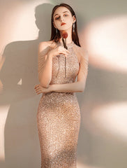 Mermaid / Trumpet Prom Dresses Sparkle Dress Wedding Guest Party Wear Floor Length Sleeveless Halter Neck Sequined with Beading Sequin