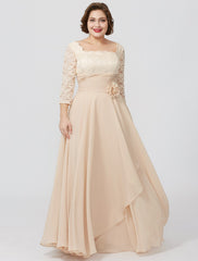 Aimishang  Sheath / Column Mother of the Bride Dress Formal Classic & Timeless Elegant & Luxurious Plus Size Square Neck Floor Length Chiffon Metallic Lace 3/4 Length Sleeve No with Sash / Ribbon Flower