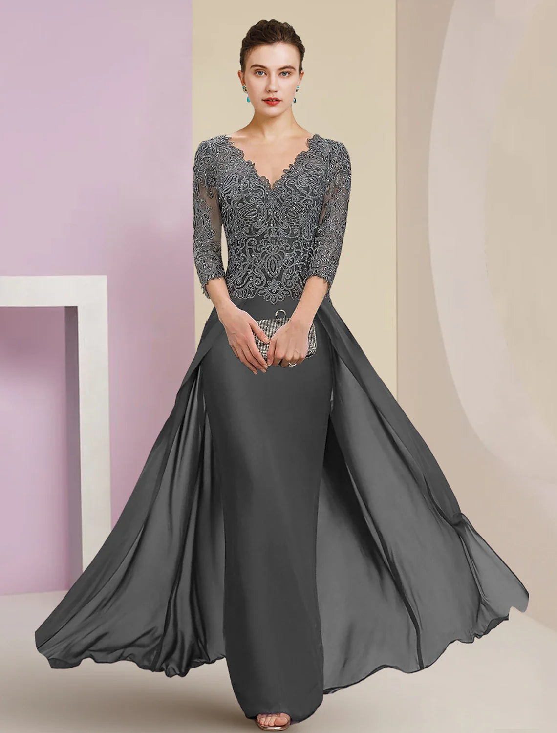 Aimishang  Sheath / Column Mother of the Bride Dress Formal Wedding Guest Elegant V Neck Floor Length Chiffon Lace 3/4 Length Sleeve with Appliques