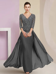 Aimishang  Sheath / Column Mother of the Bride Dress Formal Wedding Guest Elegant V Neck Floor Length Chiffon Lace 3/4 Length Sleeve with Appliques