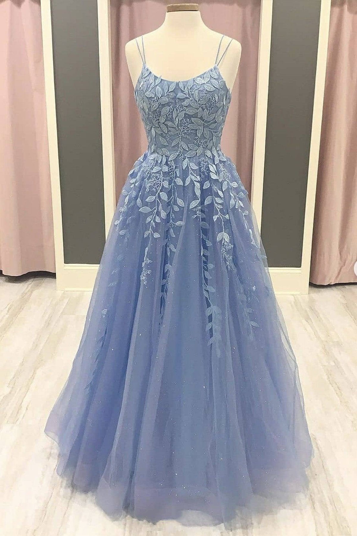 Blue tulle lace applique long prom dress lace formal dress - RongMoon