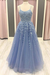 Blue tulle lace applique long prom dress lace formal dress - RongMoon