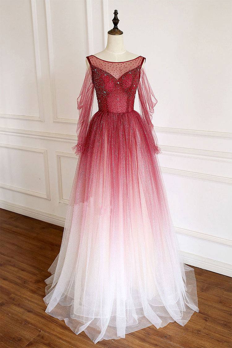 Burgundy tulle sequin long prom dress burgundy tulle formal dress - RongMoon