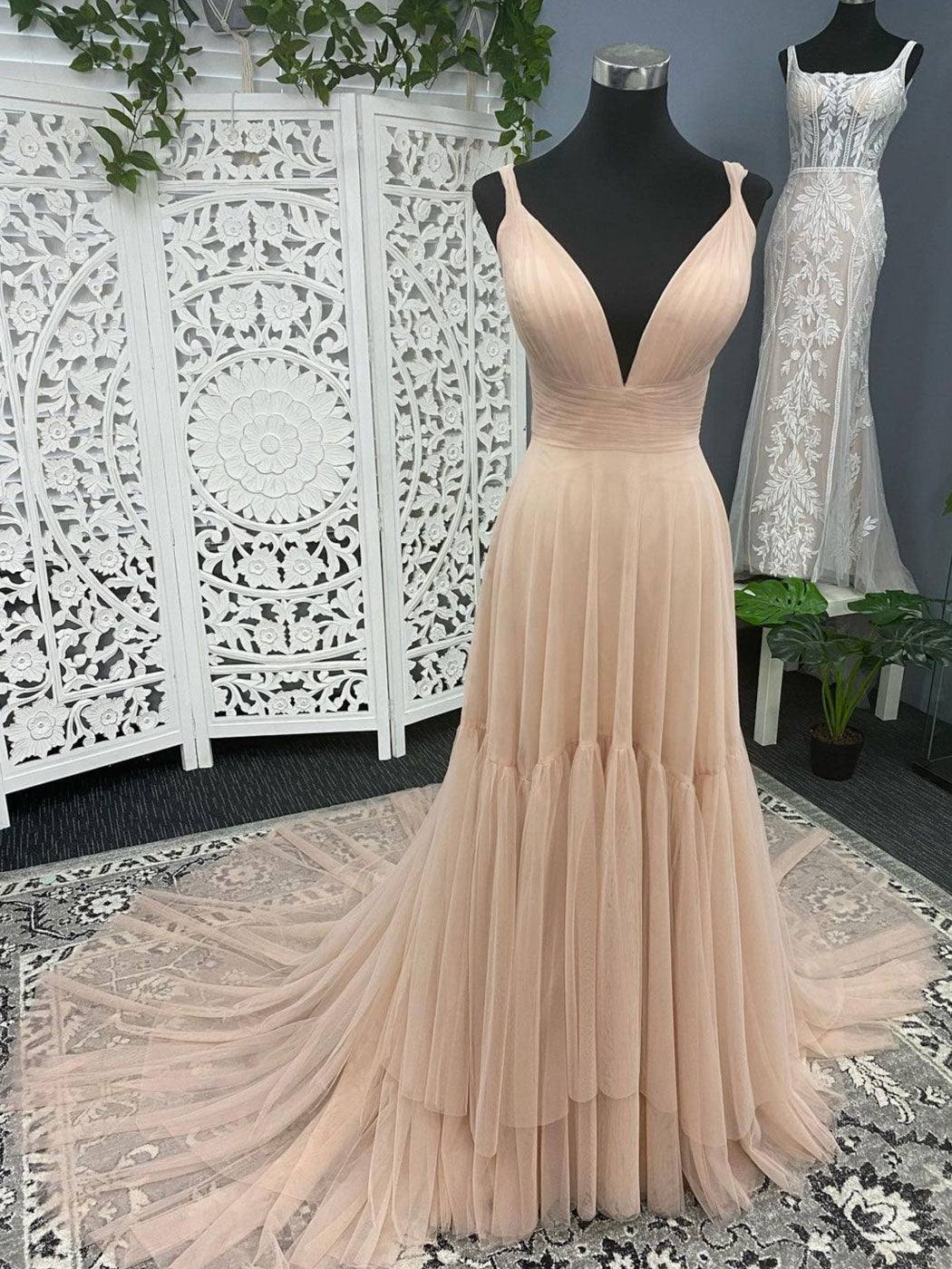 Simple v neck champagne tulle long prom dress, champagne evening dress - RongMoon