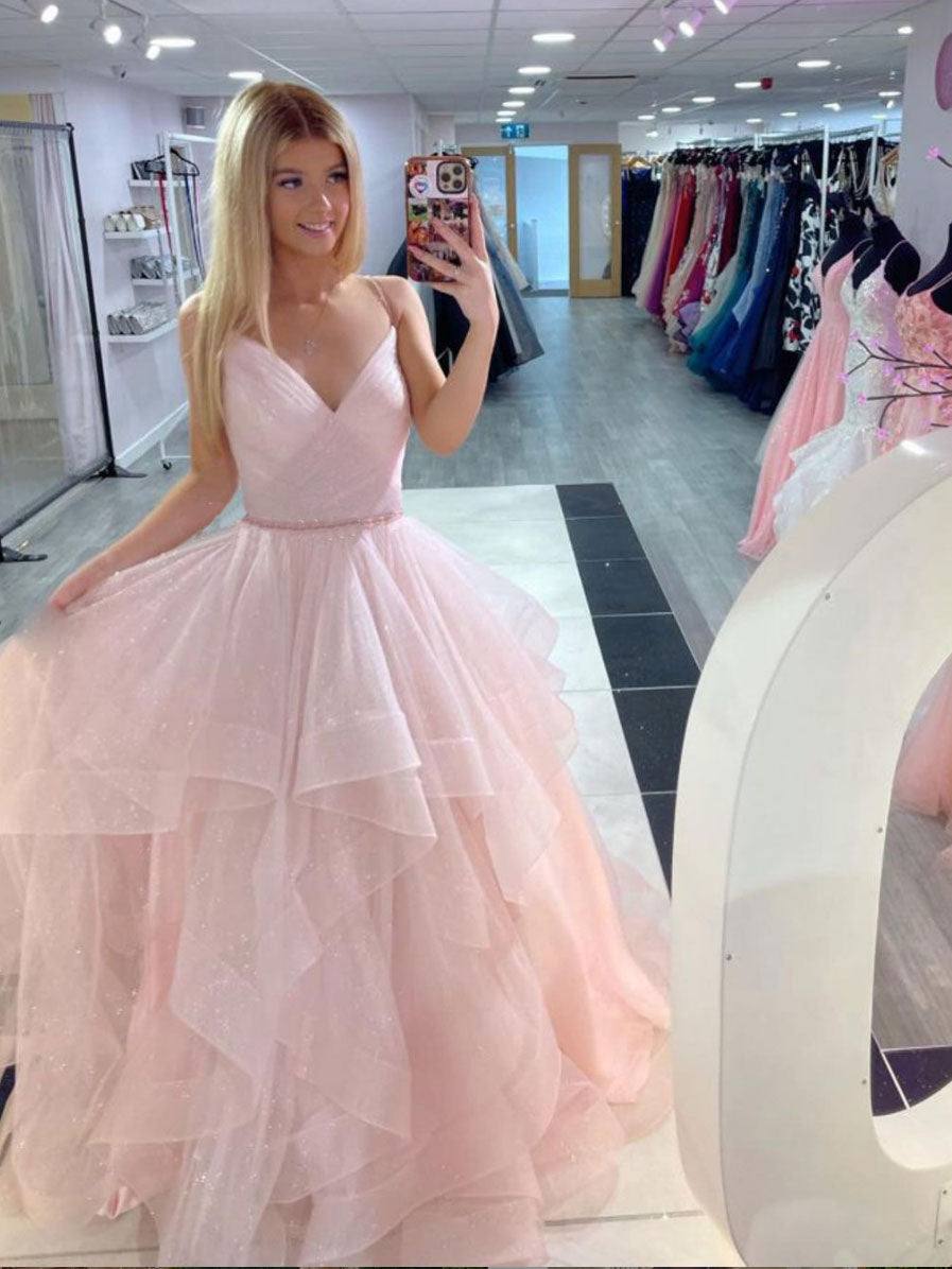 Blue v neck tulle long prom dress, tulle long evening dress - RongMoon