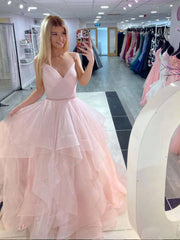 Blue v neck tulle long prom dress, tulle long evening dress - RongMoon