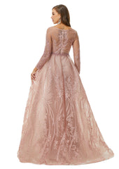 Pink Long Sleeve Scoop Beading Prom Formal Dress