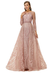 Pink Long Sleeve Scoop Beading Prom Formal Dress