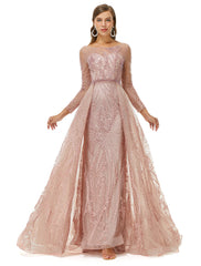Pink Long Sleeve Scoop Beading Prom Formal Dress