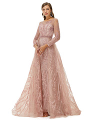 Pink Long Sleeve Scoop Beading Prom Formal Dress