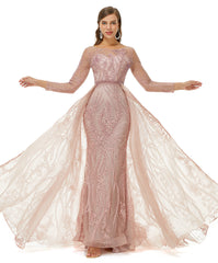 Pink Long Sleeve Scoop Beading Prom Formal Dress