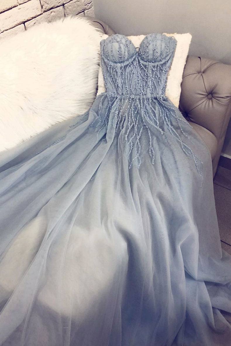 Blue sweetheart tulle long prom dress blue tulle formal dress - RongMoon