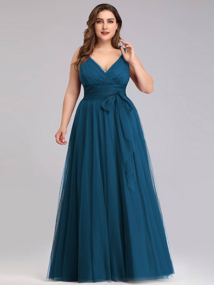 Ink Blue Sleeveless Pleated V-neck Bridesmaid Evening Gown-Yedda - RongMoon