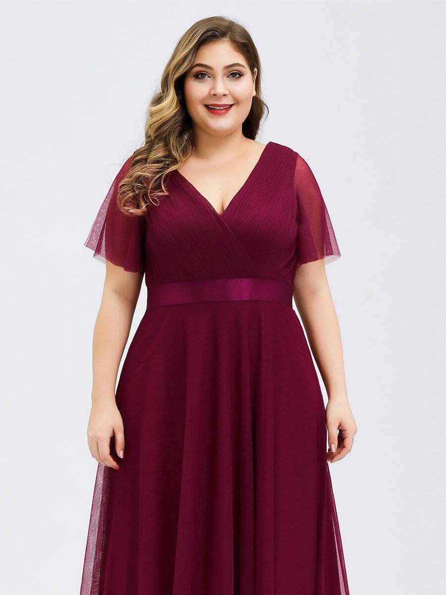 Burgundy V-neck Ruffle Sleeve Mesh Bridesmaid Evening Gown Lucy - RongMoon