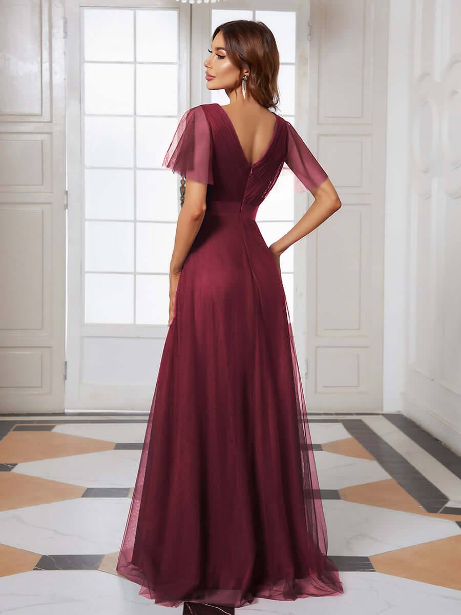 Burgundy V-neck Ruffle Sleeve Mesh Bridesmaid Evening Gown Lucy - RongMoon