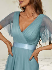 Plus Size Flutter Sleeve Crisscross Mesh Evening Gown-Lucy - RongMoon
