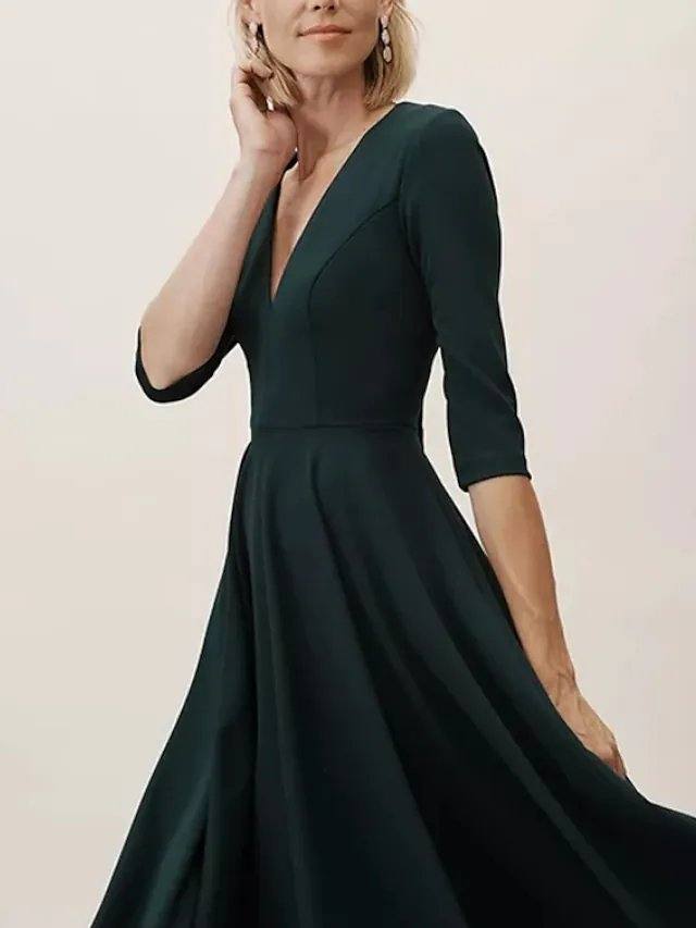 A-Line Mother of the Bride Dress Elegant Plunging Neck Floor Length Polyester Half Sleeve with Ruching - RongMoon