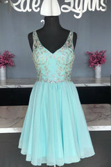 Green chiffon beads short prom dress green homecoming dress - RongMoon