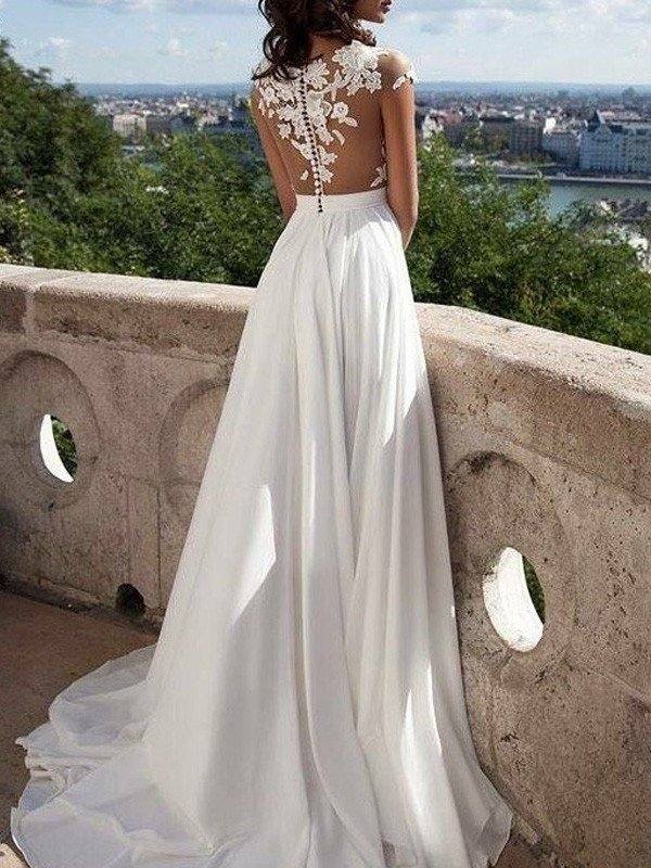 A-Line/Princess Short Sleeves Scoop Sweep/Brush Train Applique Chiffon Dresses - RongMoon