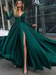 A-Line/Princess V-Neck Long Sleeves Floor-Length Ruffles Satin Chiffon Dresses - RongMoon