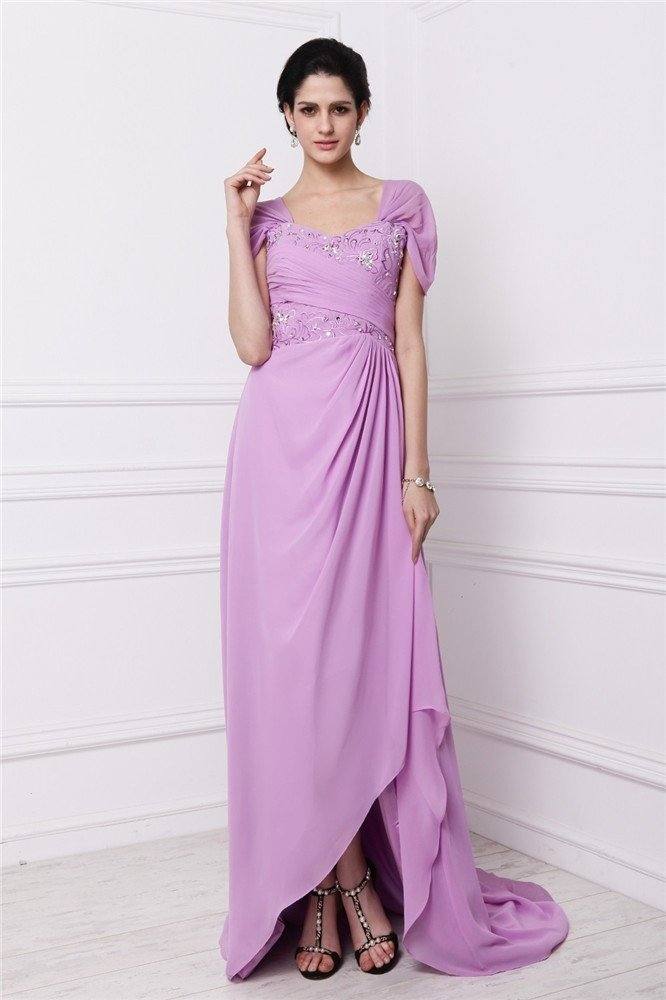 Sheath/Column Square Short Sleeves Beading Embroidery Long Chiffon Mother of the Bride Dresses - RongMoon