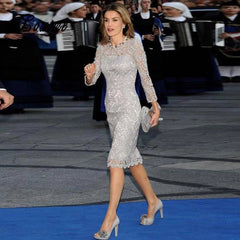 Silver Mother Of The Bride Dresses Sheath Long Sleeve Lace Knee Length Short Wedding Party Dress Mother Dresses For Wedding - RongMoon