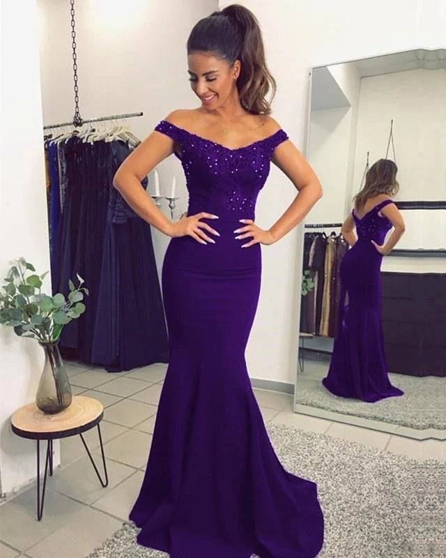 Purple Lace Beaded Mermaid V-neck Off The Shoulder Bridesmaid Dresses - RongMoon