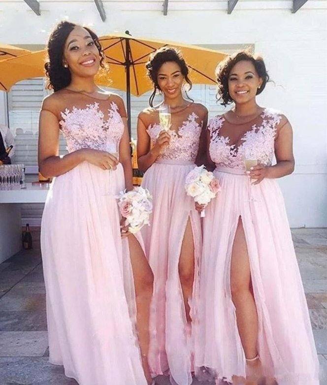 Pink Bridesmaid Dresses For Women A-line Cap Sleeves Chiffon Lace Slit Long Cheap Under 50 Wedding Party Dresses - RongMoon