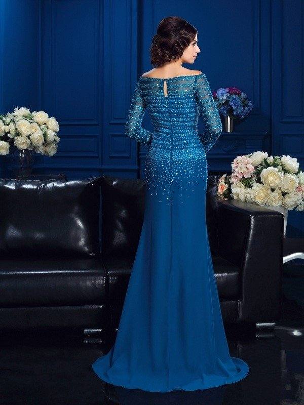 Sheath/Column Off-the-Shoulder Beading Long Sleeves Long Chiffon Mother of the Bride Dresses - RongMoon