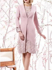 Two Piece Mother of the Bride Dress Elegant Jewel Neck Knee Length Lace Satin Long Sleeve with Embroidery - RongMoon
