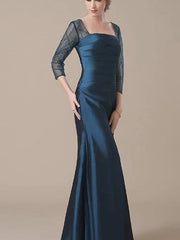 Mermaid / Trumpet Mother of the Bride Dress Elegant Jewel Neck Floor Length Satin 3/4 Length Sleeve with Ruching - RongMoon