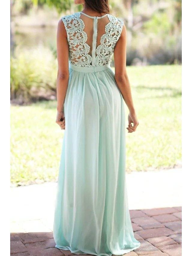 A-Line Jewel Neck Floor Length Chiffon / Lace Bridesmaid Dress with Lace / Pleats - RongMoon