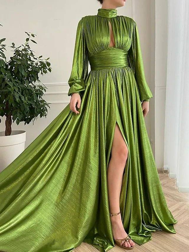 A-Line Empire Elegant Party Wear Formal Evening Dress High Neck Long Sleeve Court Train Taffeta with Pleats Split - RongMoon