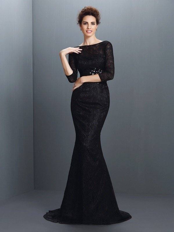 Trumpet/Mermaid Bateau Lace 3/4 Sleeves Long Elastic Woven Satin Mother of the Bride Dresses - RongMoon
