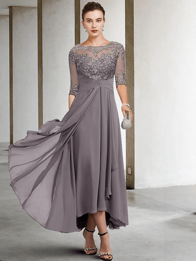 A-Line Mother of the Bride Dress Plus Size Elegant High Low V Neck Asymmetrical Ankle Length Chiffon Lace Half Sleeve - RongMoon