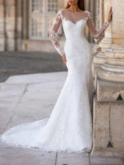 Mermaid / Trumpet Wedding Dresses Jewel Neck Court Train Lace Tulle Long Sleeve Formal with Appliques - RongMoon