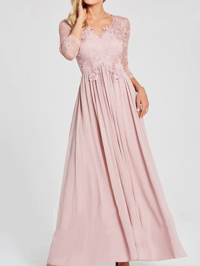 A-Line Mother of the Bride Dress Elegant Jewel Neck Floor Length Chiffon Lace 3/4 Length Sleeve with Pleats Appliques - RongMoon