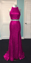 Rose Gold Sequin Two Piece Prom Dresses Mermaid Evening Gowns