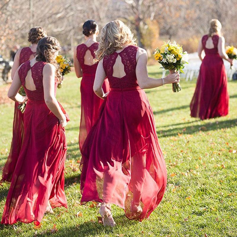 Lace A-line Popular Brideamaid Dresses, Burgundy Color Chiffon Bridesmaid Dresses - RongMoon