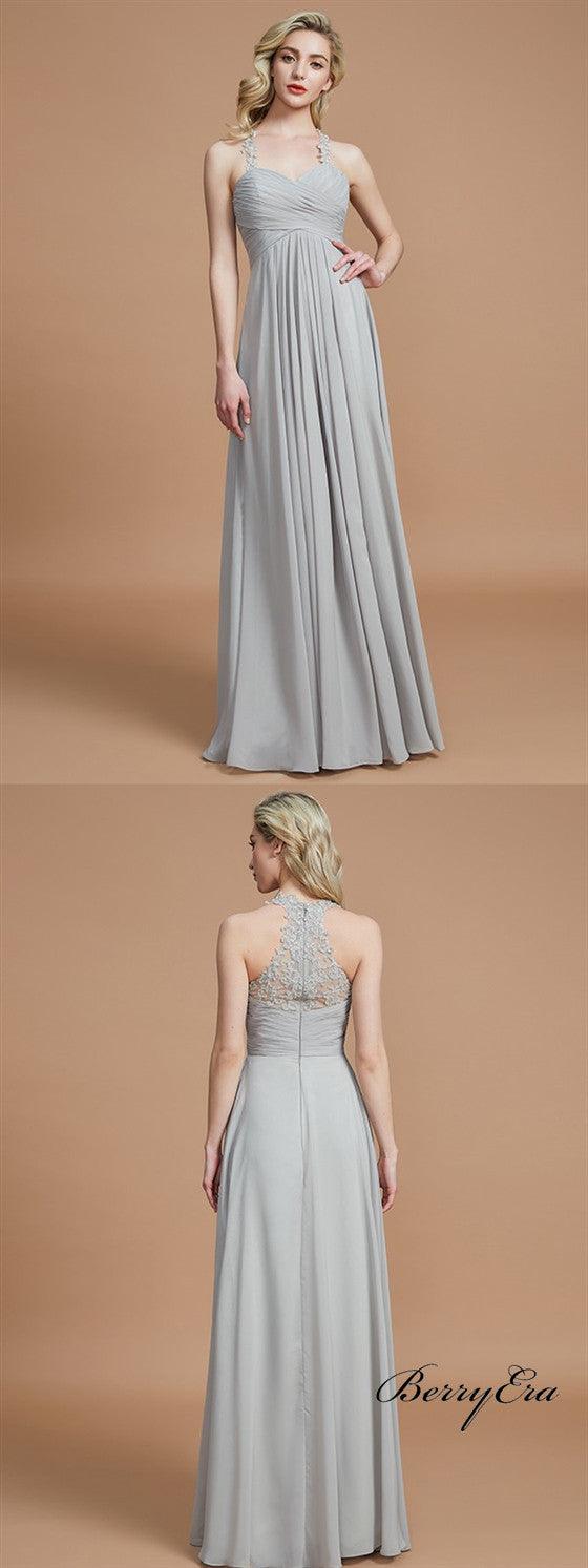 Lace Straps A-line Grey Chiffon Long Bridesmaid Dresses - RongMoon