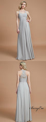 Lace Straps A-line Grey Chiffon Long Bridesmaid Dresses - RongMoon