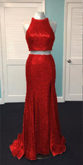 Rose Gold Sequin Two Piece Prom Dresses Mermaid Evening Gowns