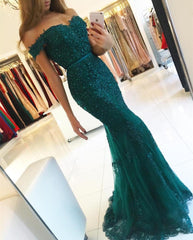 Elegant Pearl Beaded Lace Mermaid Evening Dresses Off The Shoulder Prom Gowns - RongMoon