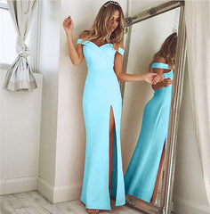 V Neck Off The Shoulder Satin Mermaid Evening Dress Long Split Prom Gowns 2018