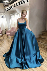 Simple blue satin long prom dress blue satin evening dress - RongMoon