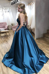 Simple blue satin long prom dress blue satin evening dress - RongMoon
