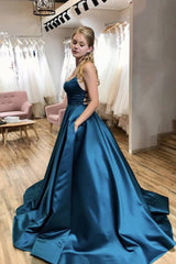 Simple blue satin long prom dress blue satin evening dress - RongMoon